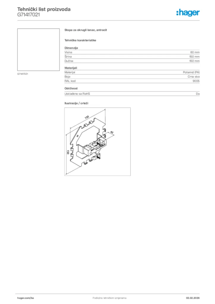 Slika Hager Tehnički list proizvoda G71417021  | Hager