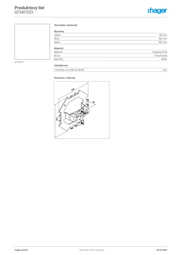 Obrázek Hager Product data sheet G71417021 | Hager