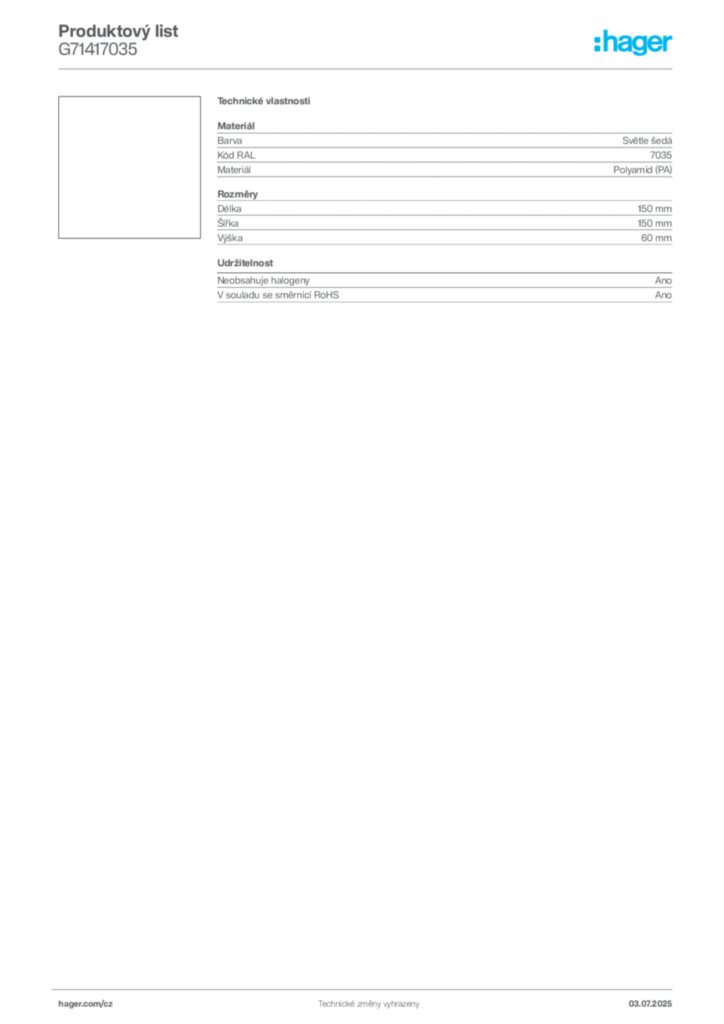 Obrázek Hager Product data sheet G71417035 | Hager