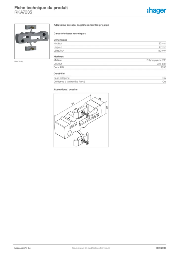 Image Hager Fiche technique du produit RKA7035 | Hager Belgique
