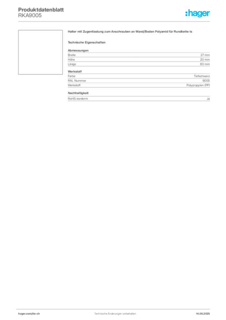 Bild Hager Produktdatenblatt RKA9005 | Hager Schweiz