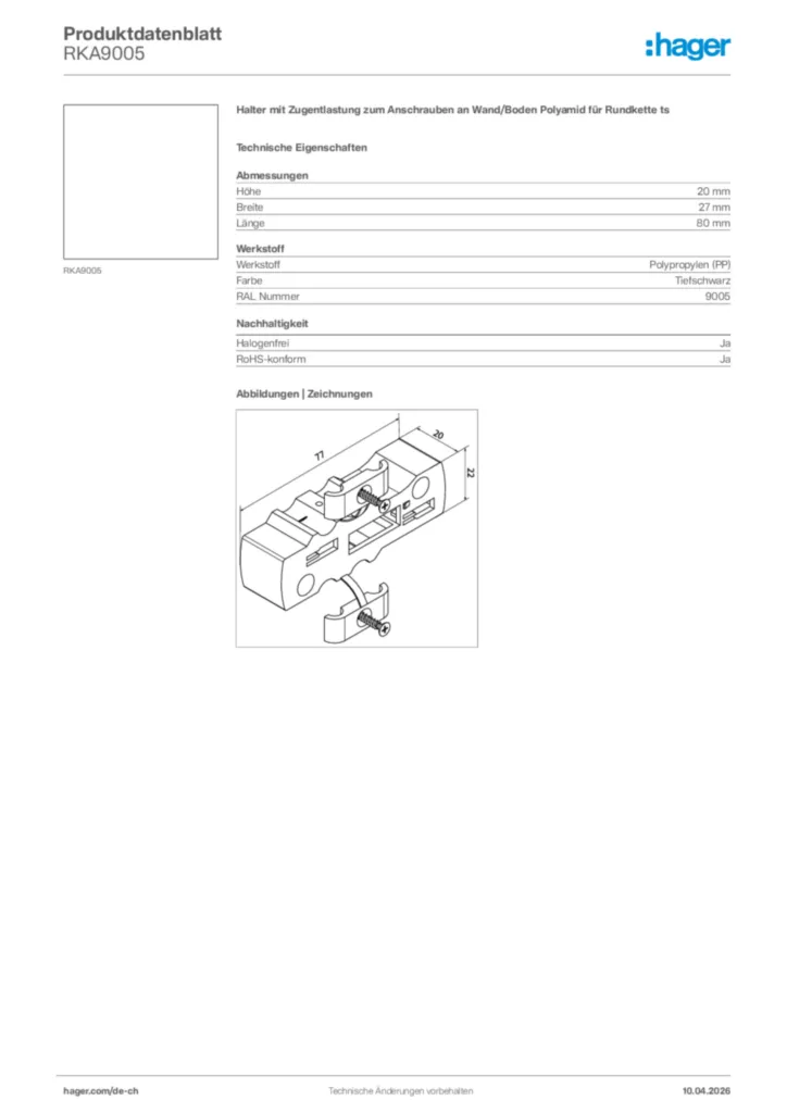 Bild Hager Produktdatenblatt RKA9005 | Hager Schweiz