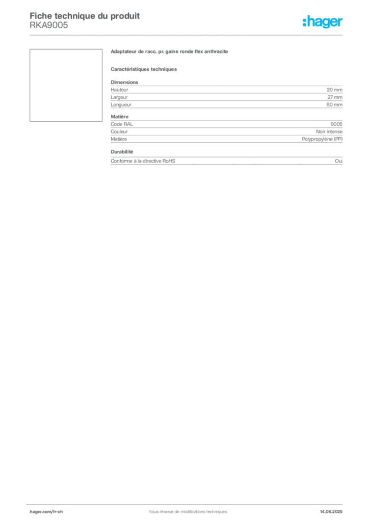 Image Hager Fiche technique du produit RKA9005 | Hager Suisse