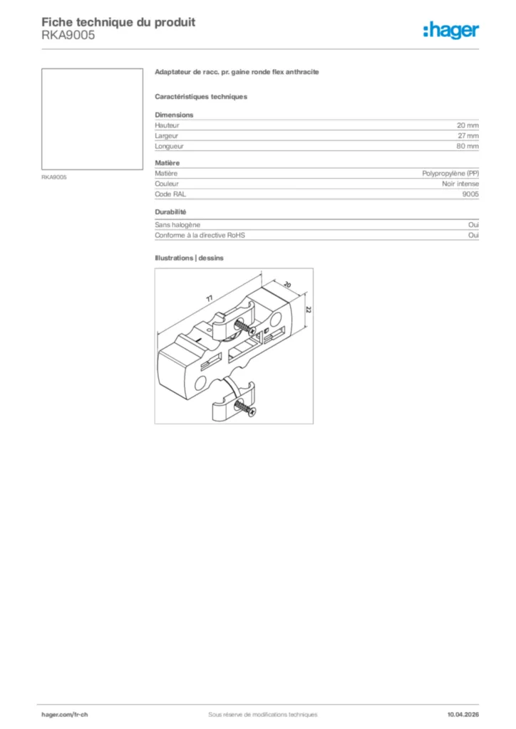 Image Hager Fiche technique du produit RKA9005 | Hager Suisse