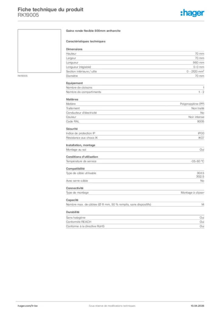 Image Hager Fiche technique du produit RK19005 | Hager Belgique