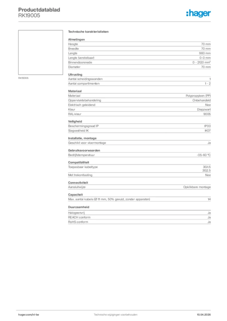 Afbeelding Hager Productdatablad RK19005 | Hager Belgium
