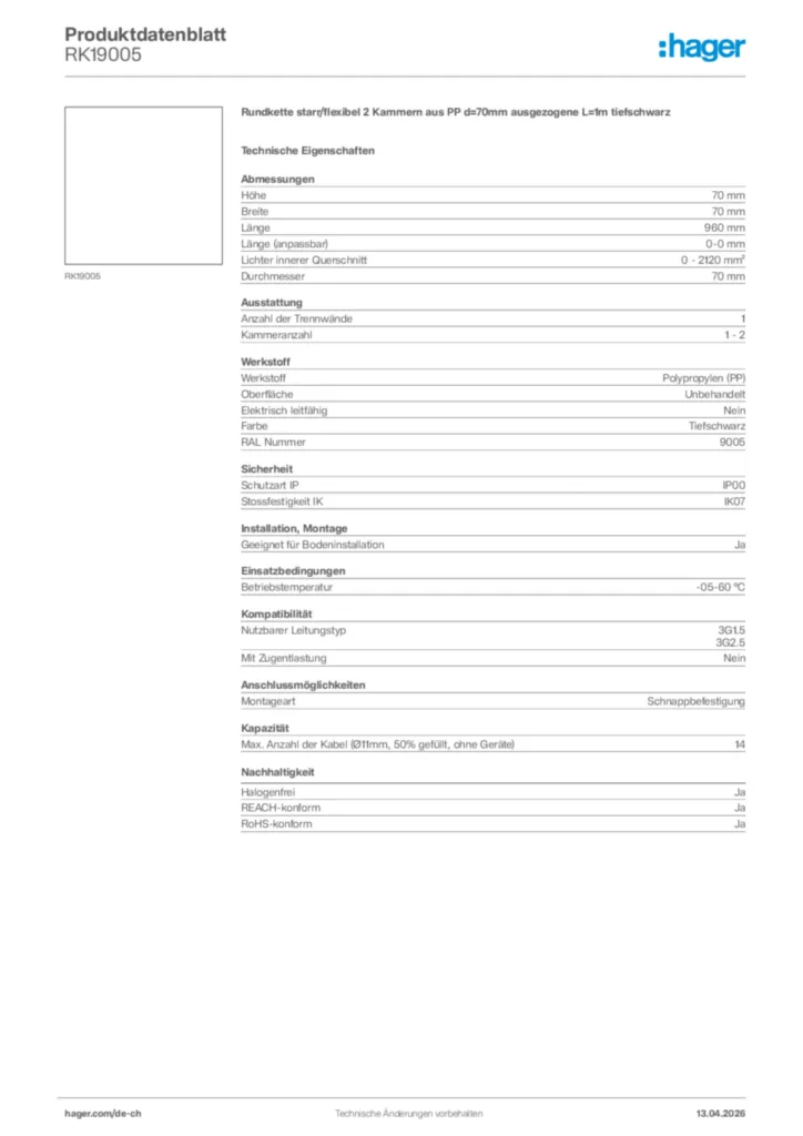 Bild Hager Produktdatenblatt RK19005 | Hager Schweiz