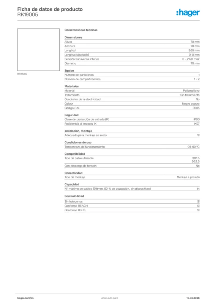 Imagen Hager Ficha de datos de producto RK19005 | Hager España