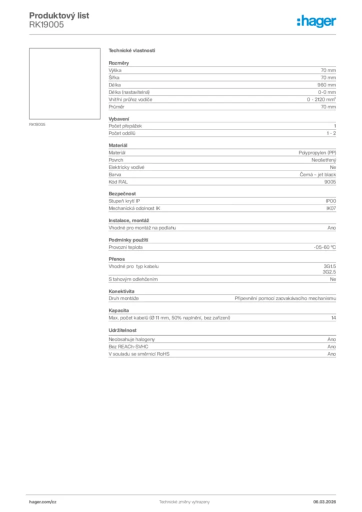 Obrázek Hager Product data sheet RK19005 | Hager