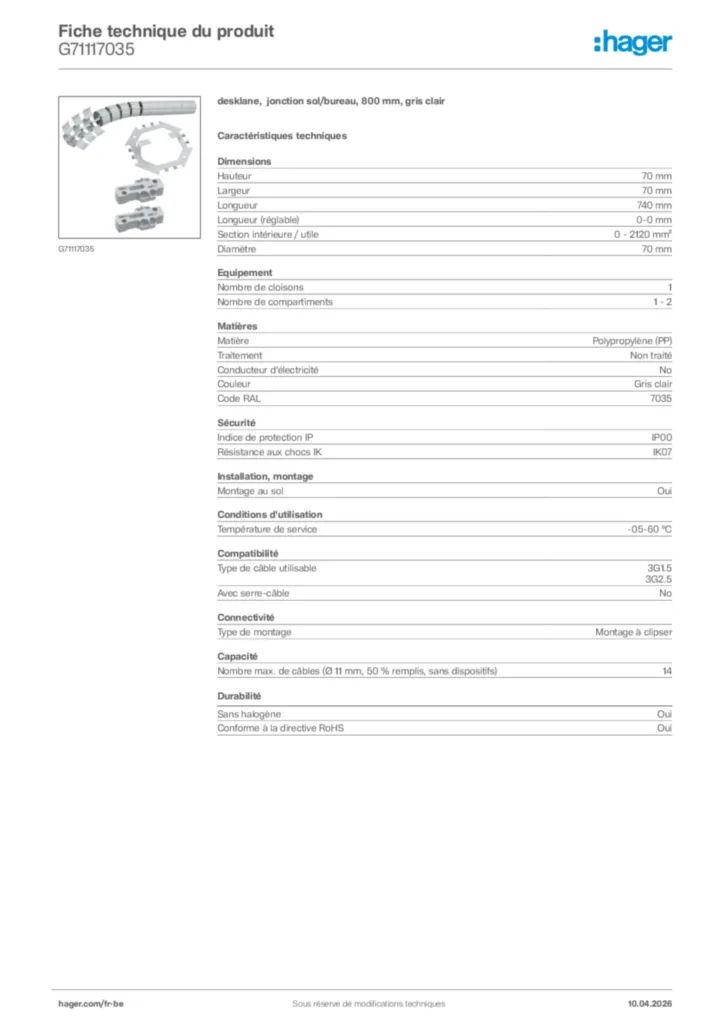 Image Hager Fiche technique du produit G71117035 | Hager Belgique