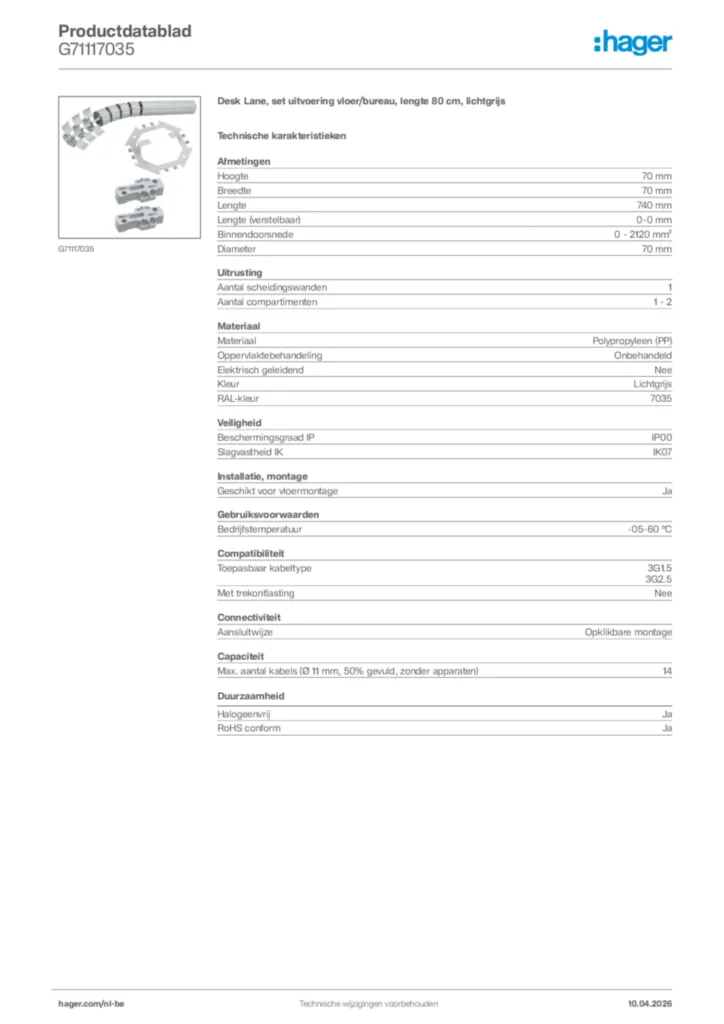 Afbeelding Hager Productdatablad G71117035 | Hager Belgium