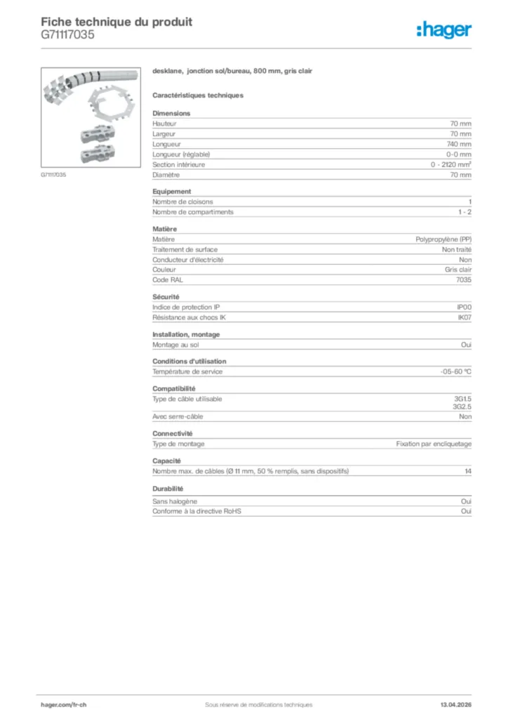 Image Hager Fiche technique du produit G71117035 | Hager Suisse