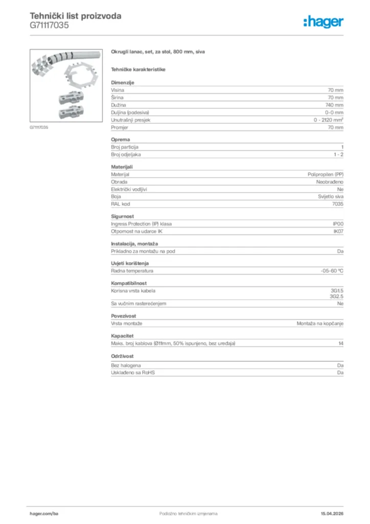 Slika Hager Tehnički list proizvoda G71117035  | Hager