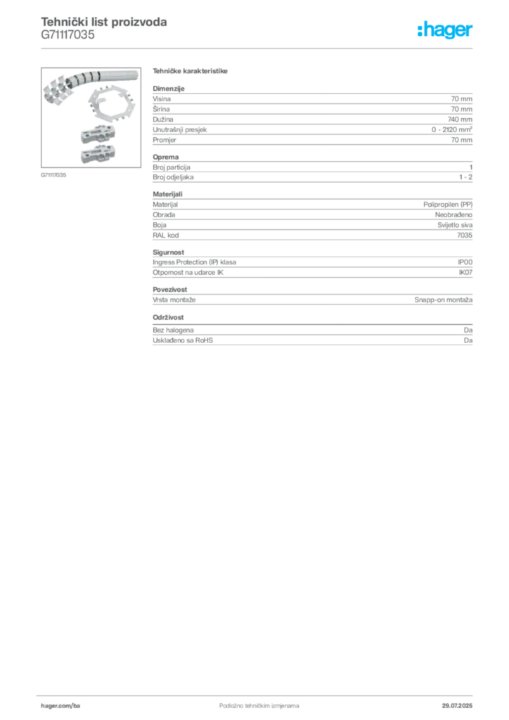 Slika Hager Product data sheet G71117035  | Hager