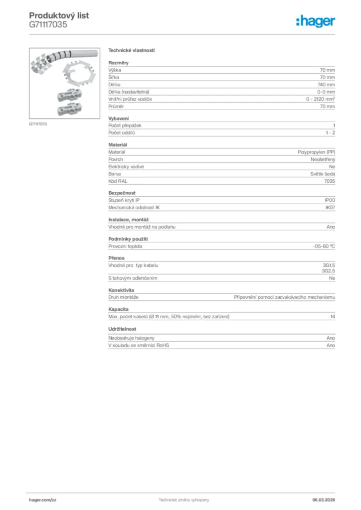 Obrázek Hager Product data sheet G71117035 | Hager