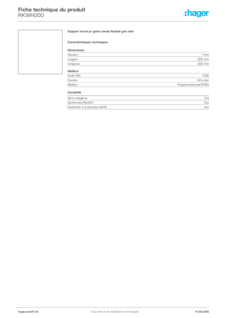 Image Hager Fiche technique du produit RKWH000 | Hager Suisse