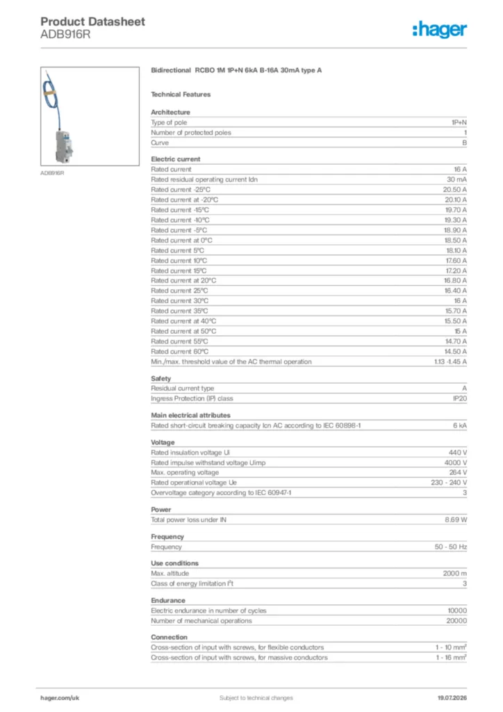 Image Hager Product data sheet ADB916R  | Hager