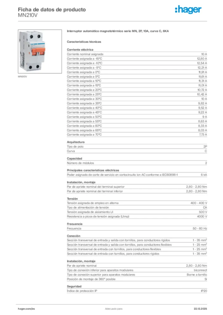 Imagen Hager Ficha de datos de producto MN210V | Hager España