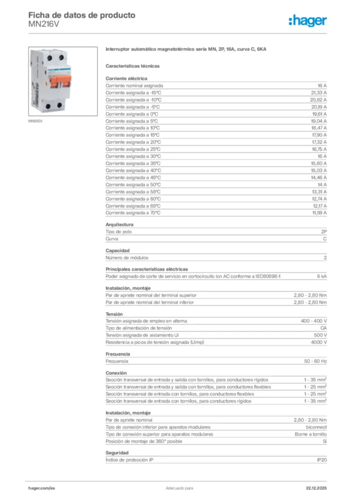 Imagen Hager Ficha de datos de producto MN216V | Hager España