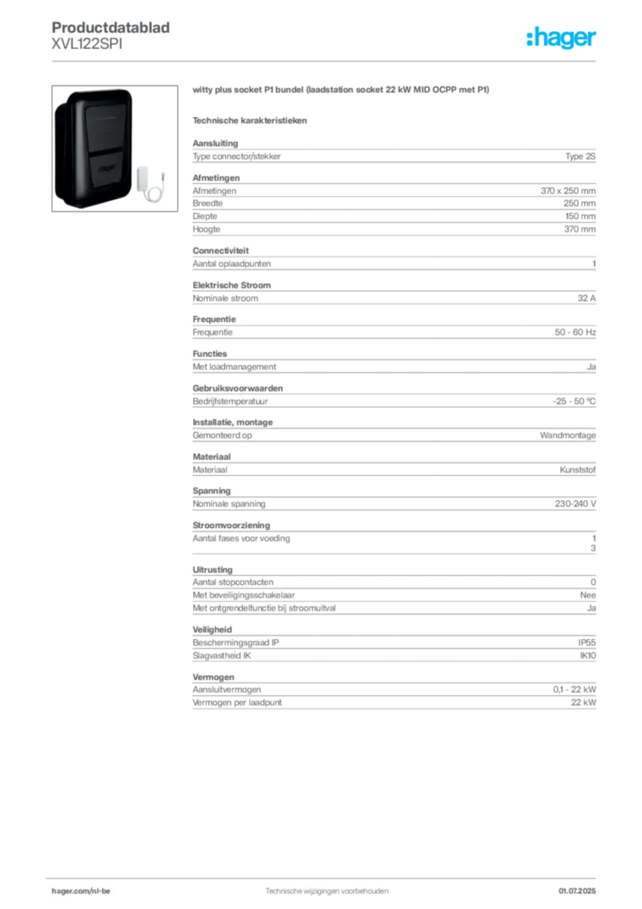 Afbeelding Hager Productdatablad XVL122SPI | Hager Belgium