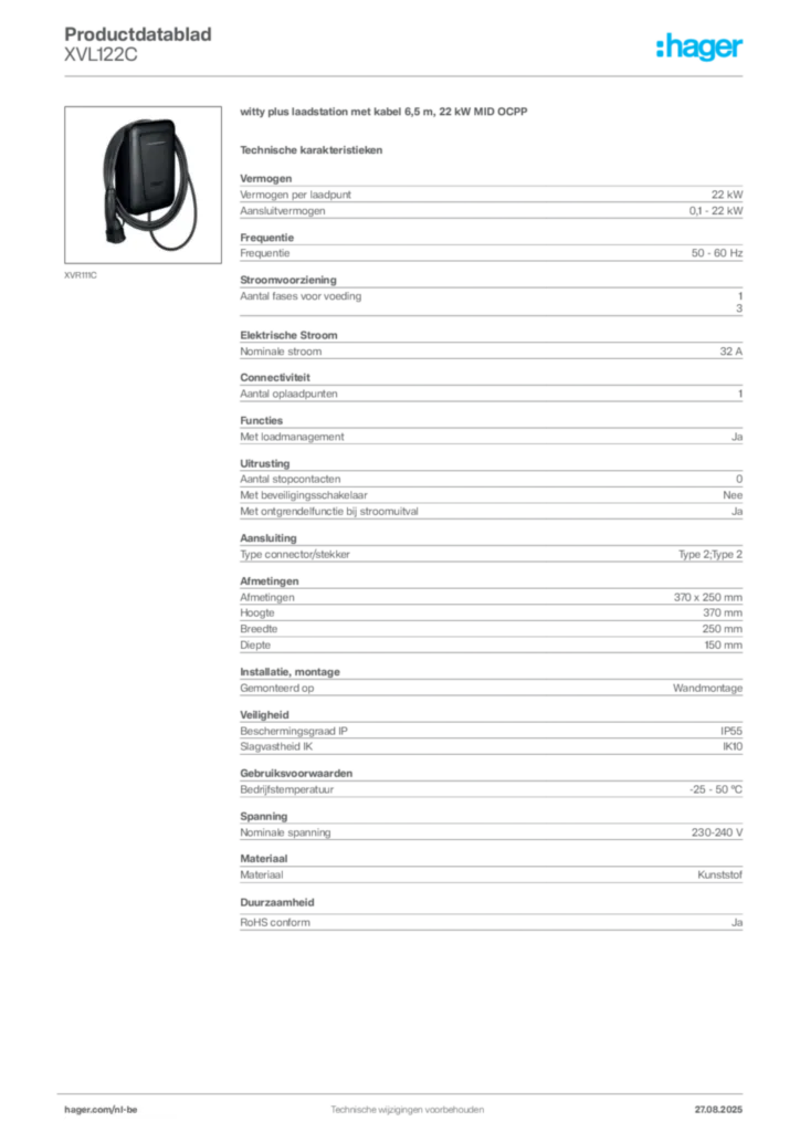 Afbeelding Hager Productdatablad XVL122C | Hager Belgium