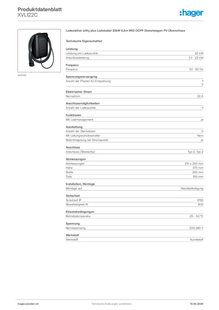 Bild Hager Produktdatenblatt XVL122C | Hager Schweiz