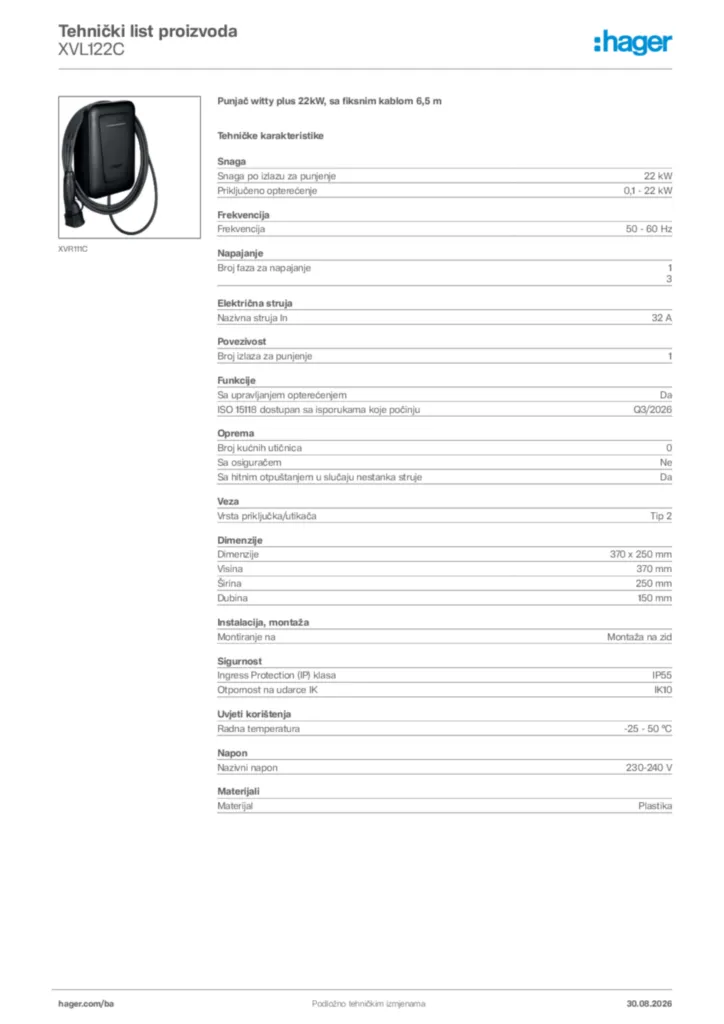 Slika Hager Tehnički list proizvoda XVL122C  | Hager
