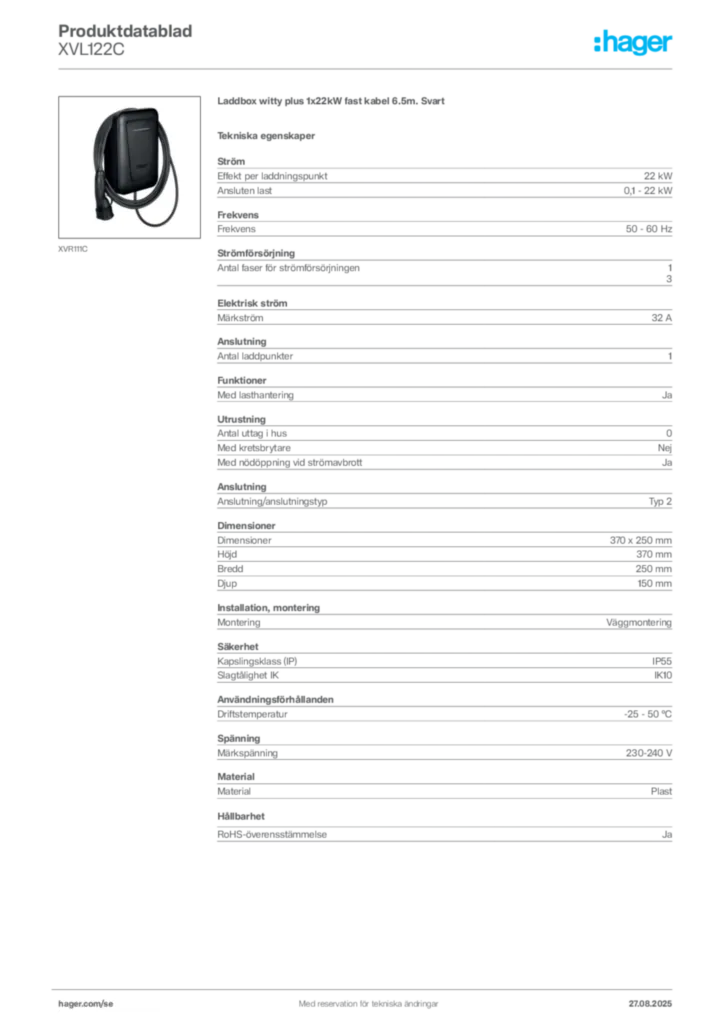 Bild Hager Produktdatablad XVL122C | Hager Sverige