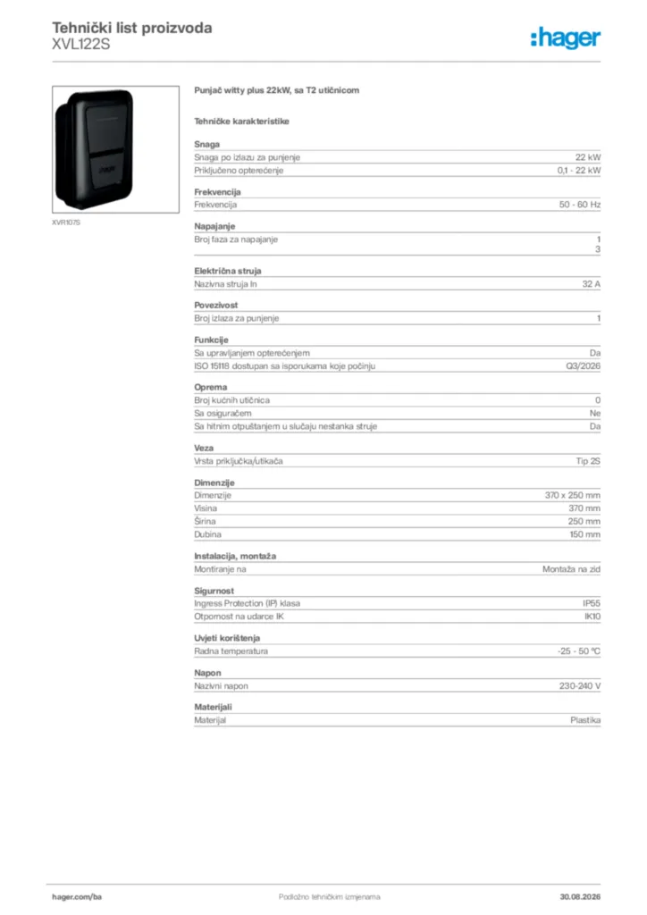 Slika Hager Tehnički list proizvoda XVL122S  | Hager