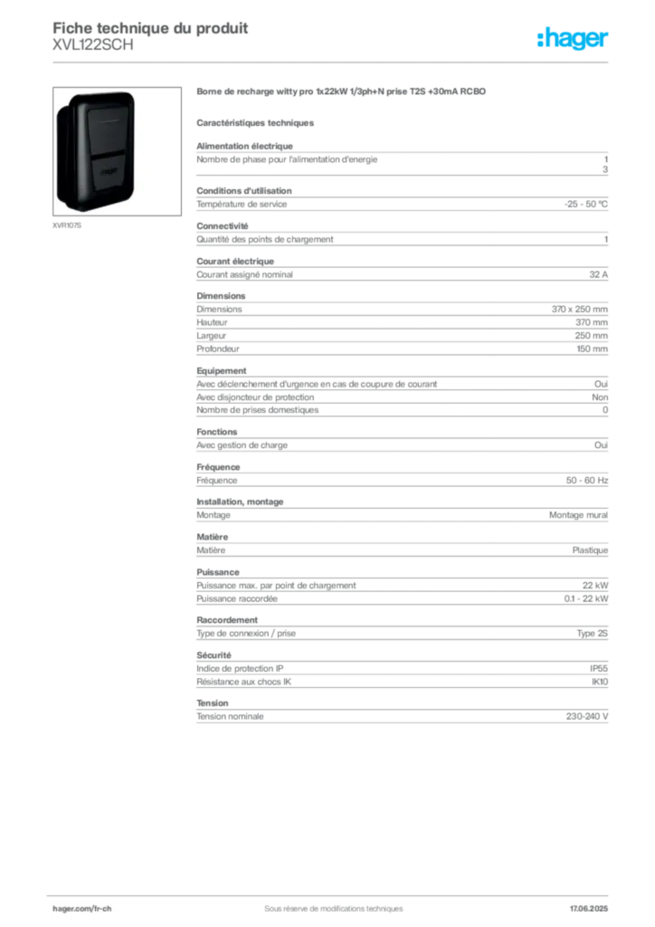 Image Hager Fiche technique du produit XVL122SCH | Hager Suisse