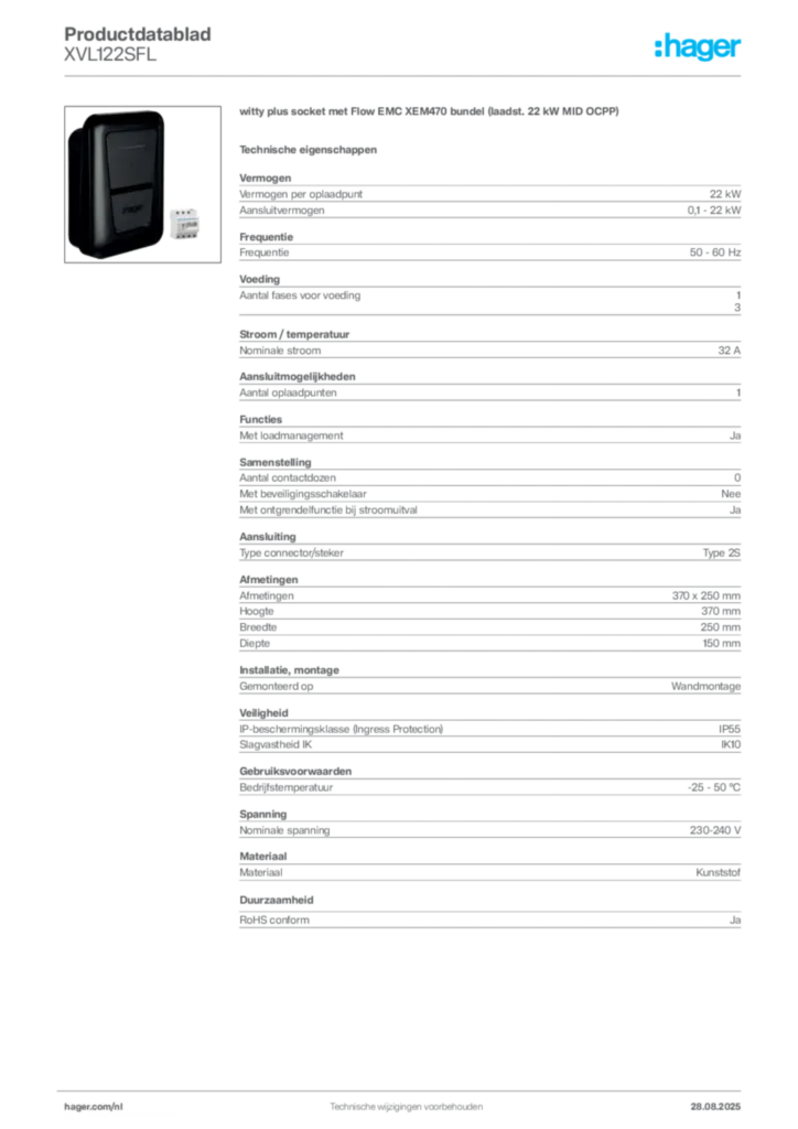 Afbeelding Hager Productdatablad XVL122SFL | Hager Nederland
