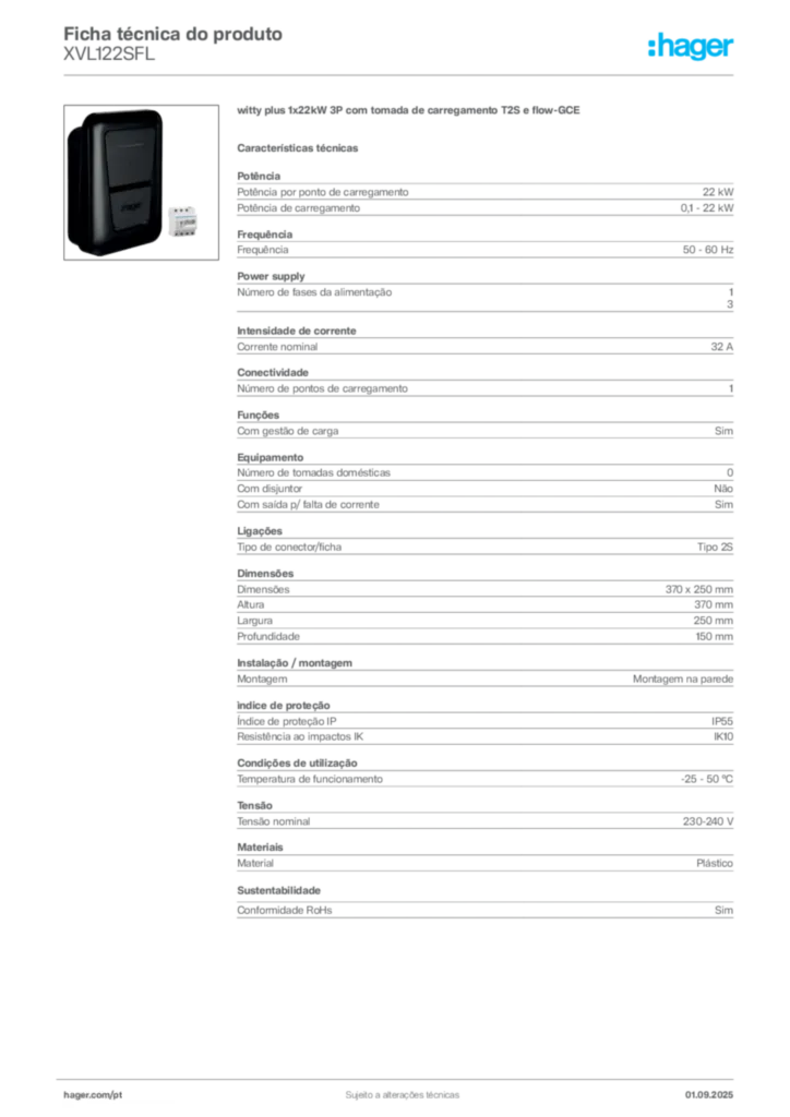 Imagem Hager Ficha técnica do produto XVL122SFL | Hager Portugal