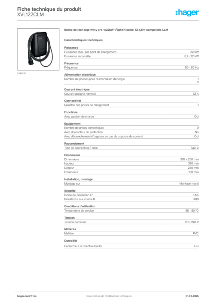 Image Hager Fiche technique du produit XVL122CLM | Hager Belgique