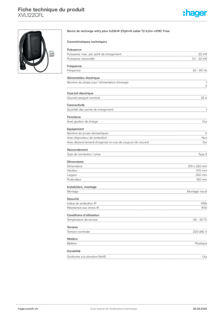Image Hager Fiche technique du produit XVL122CFL | Hager Suisse