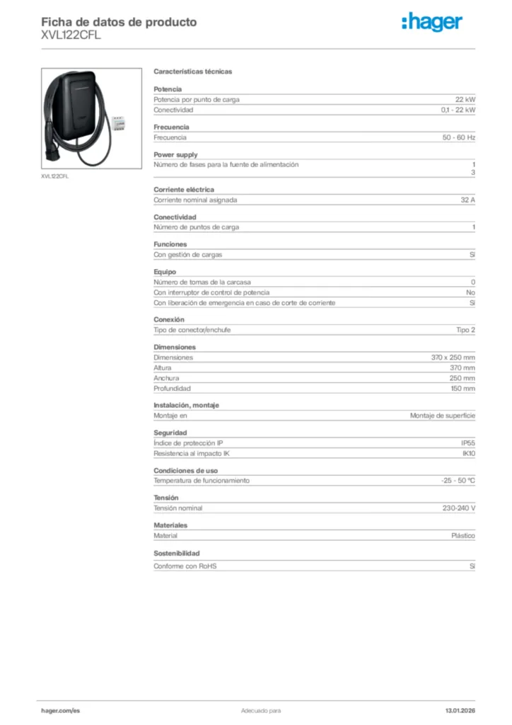 Imagen Hager Ficha de datos de producto XVL122CFL | Hager España