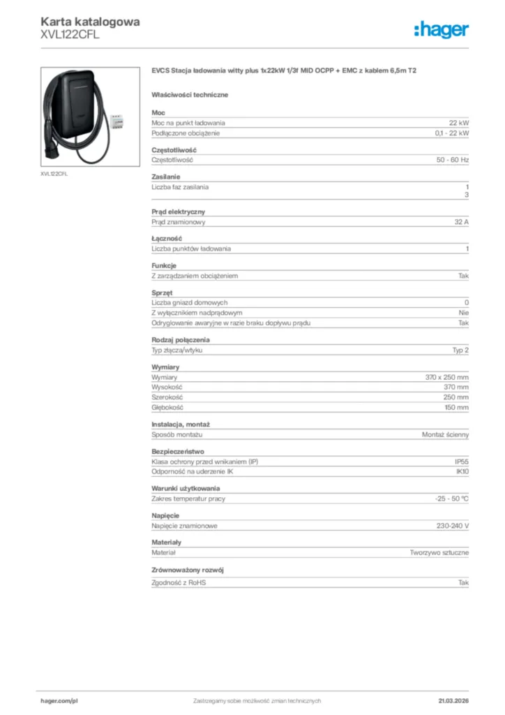 Zdjęcie Hager Karta katalogowa XVL122CFL | Hager Polska