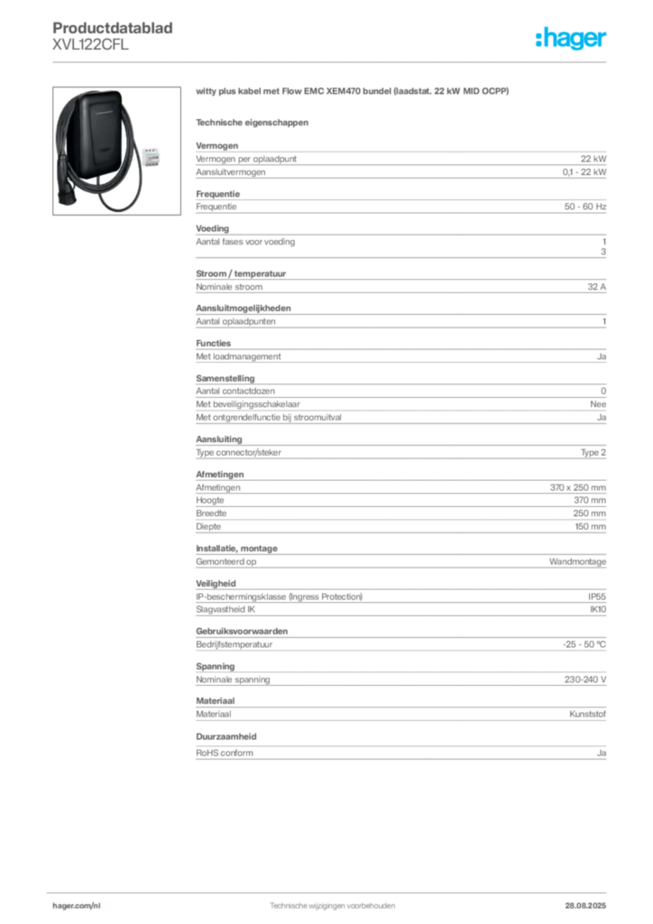 Afbeelding Hager Productdatablad XVL122CFL | Hager Nederland