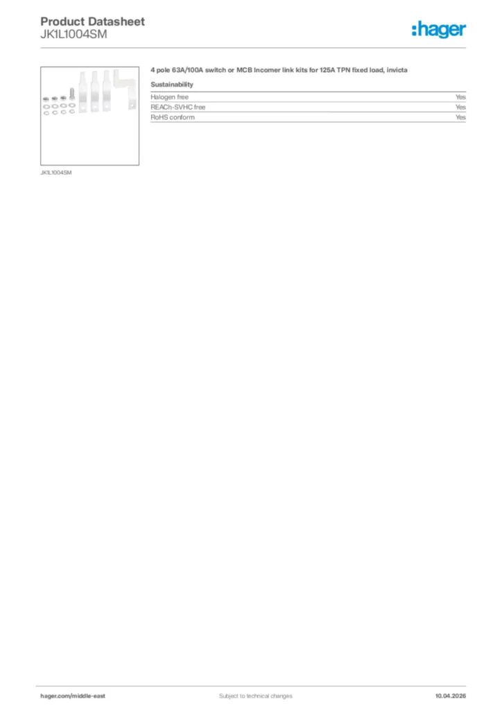 Image Hager Product data sheet JK1L1004SM  | Hager