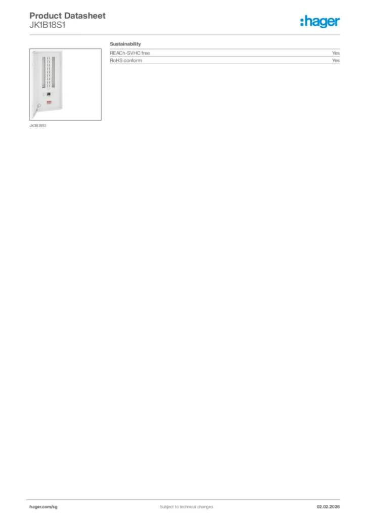 Image Hager Product data sheet JK1B18S1  | Hager
