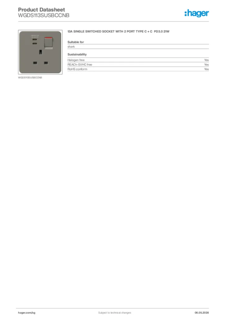 Image Hager Product data sheet WGDS113SUSBCCNB  | Hager