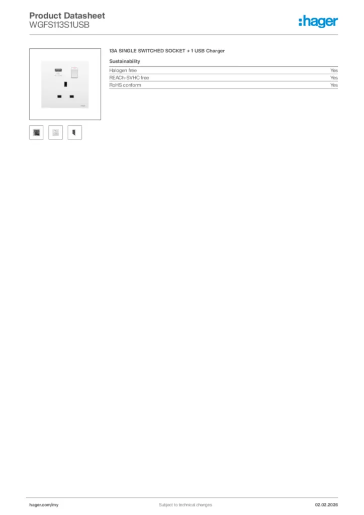 Image Hager Product data sheet WGFS113S1USB  | Hager