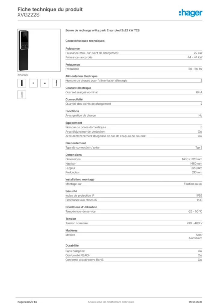 Image Hager Fiche technique du produit XVG222S | Hager Belgique