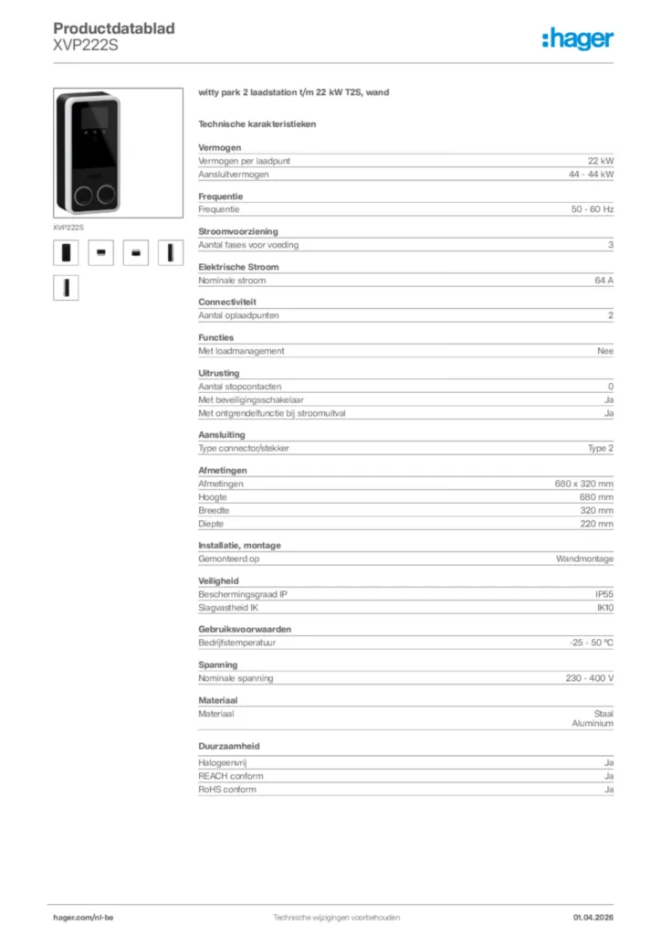 Afbeelding Hager Productdatablad XVP222S | Hager Belgium