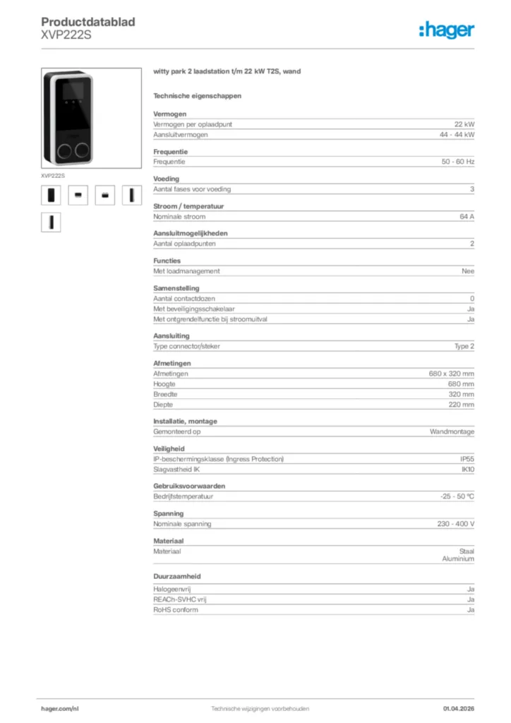 Afbeelding Hager Productdatablad XVP222S | Hager Nederland