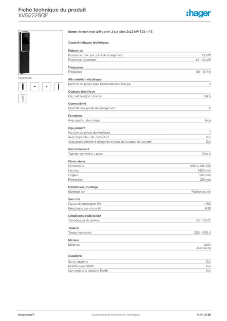 Image Hager Fiche technique du produit XVG222SQF | Hager France