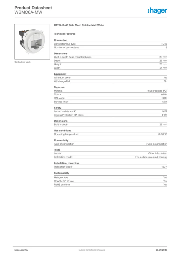 Image Hager Product data sheet WBMC6A-MW  | Hager Australia
