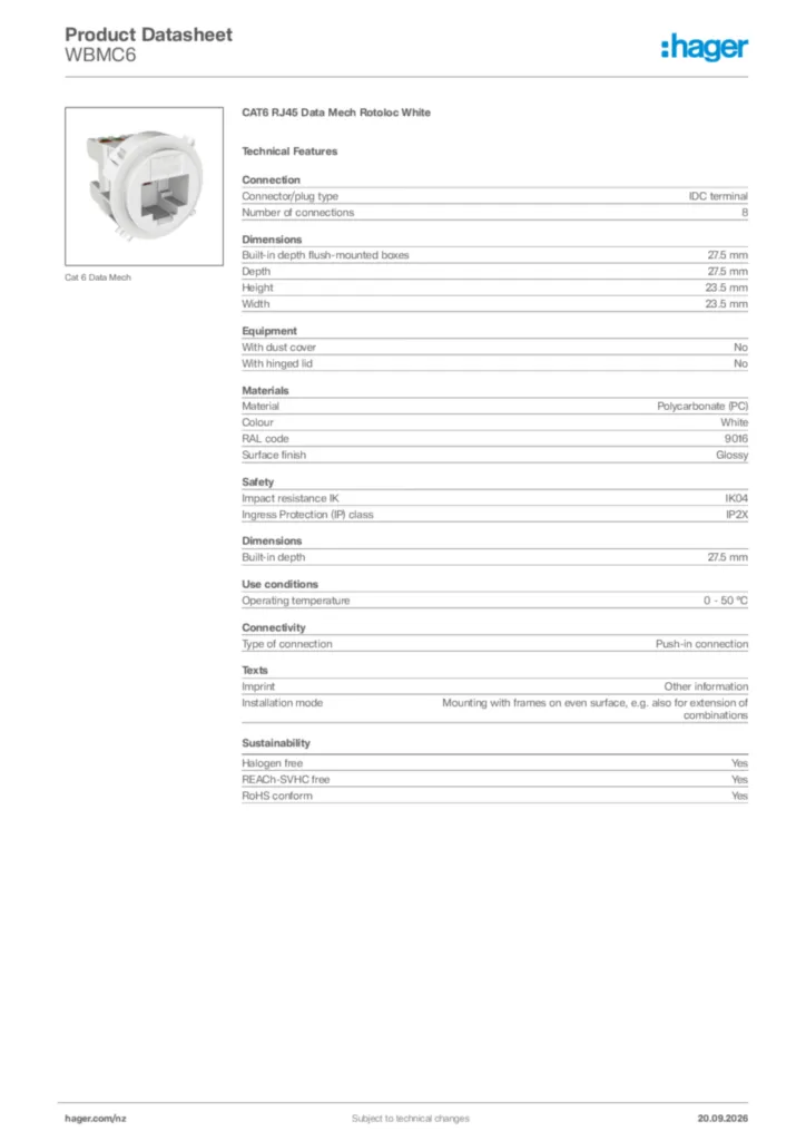 Image Hager Product data sheet WBMC6  | Hager New Zealand