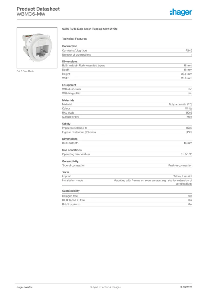 Image Hager Product data sheet WBMC6-MW  | Hager New Zealand