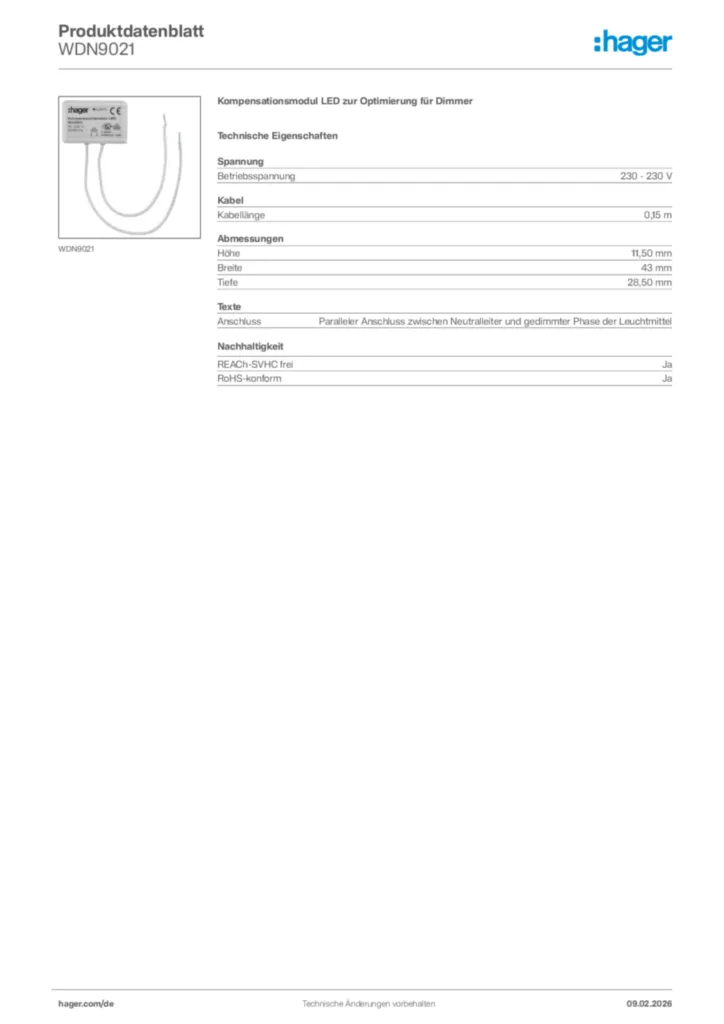 Bild Hager Produktdatenblatt WDN9021 | Hager Deutschland