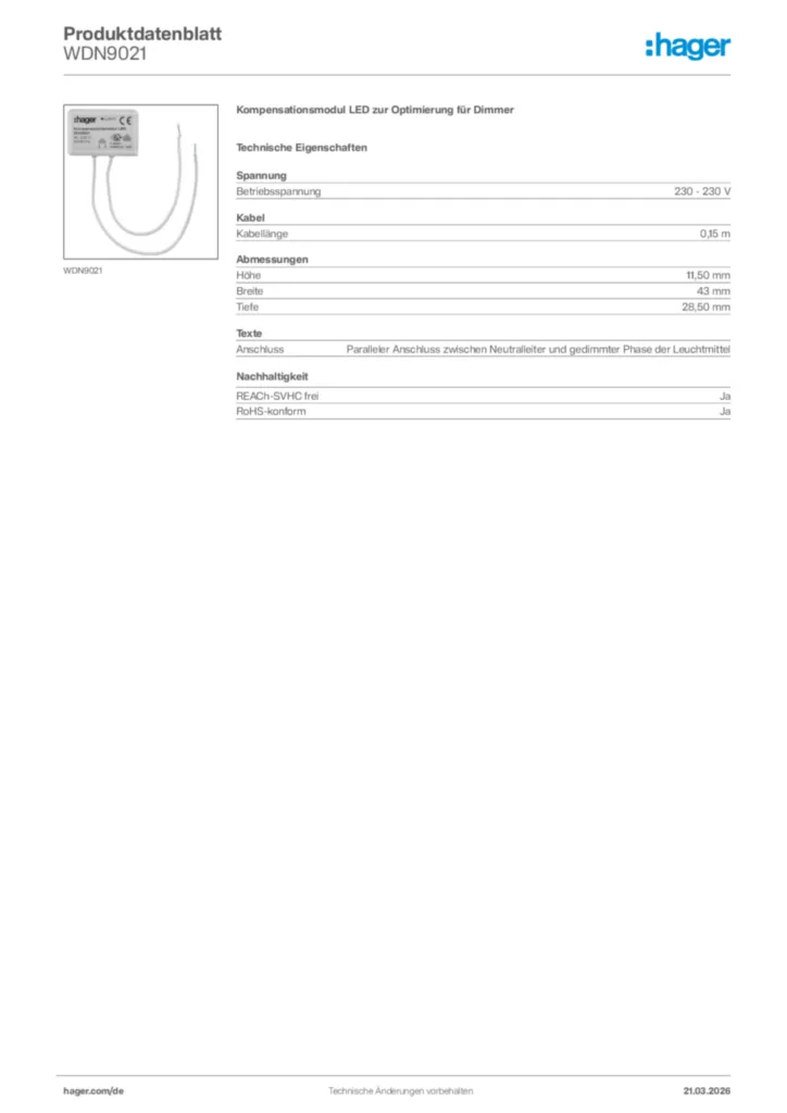 Bild Hager Produktdatenblatt WDN9021 | Hager Deutschland